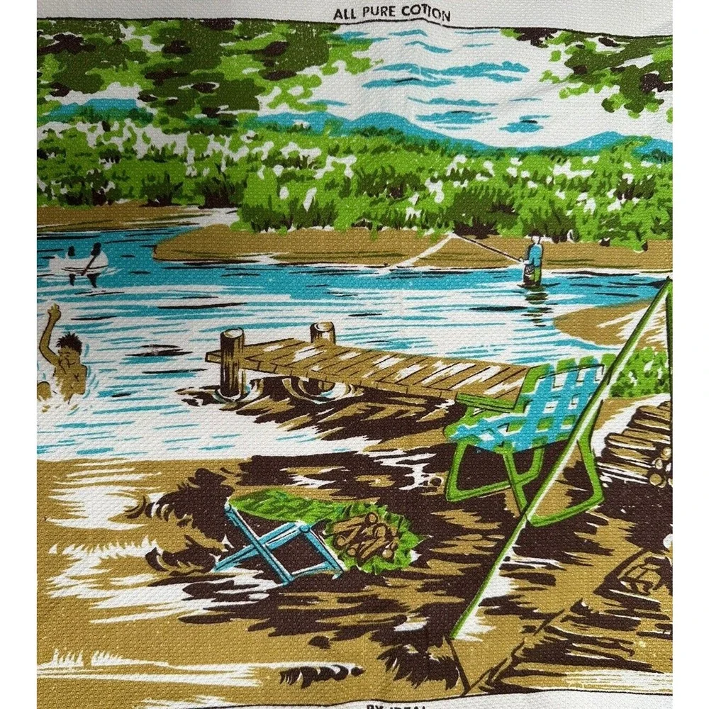Vtg IDEAL‎ Dish Tea Towel Camping Fishing Swimming Motorcycle Oudoors Tapestry